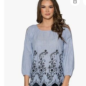 Velvet by Graham and Spencer Reagan Embroidered Striped Slit Sleeve Top